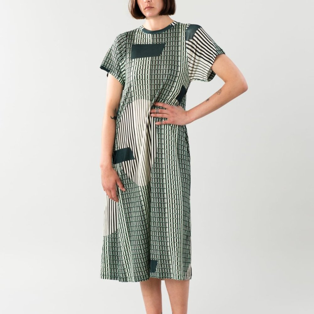 Henrik Vibskov drapey jersey dress in Rising Blocks print, Size L